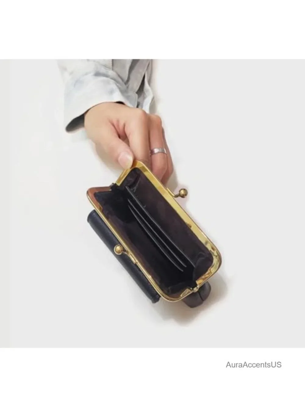 Genuine Leather Kiss Lock Coin Purse with Card Slot Large Capacity